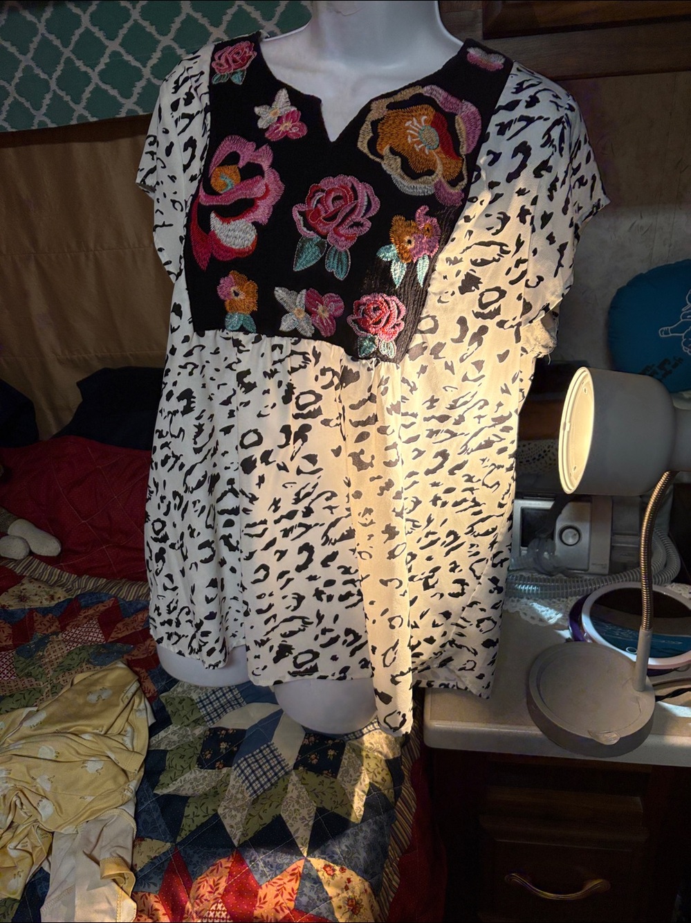 Savanna Jane White Black Leopard Print Top with Multicolor Floral Embroidery